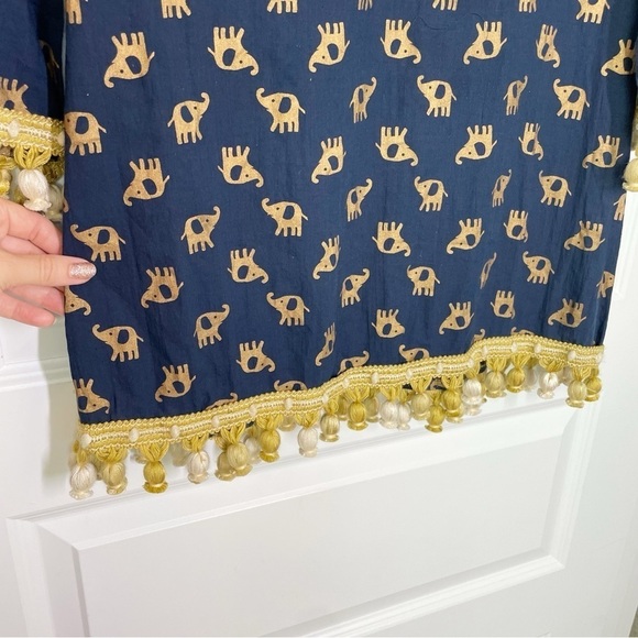 Boutique Lexi York 100% Cotton Elephant Print Shift Dress w/Ornate Pompom Tassel - Picture 5 of 11